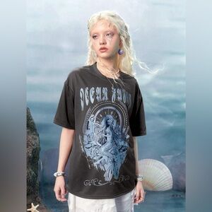 Romwe Fairycore Mermaid Letter Graphic Drop Shoulder Tee Grey Oversized